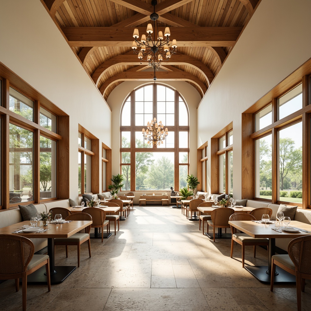 Prompt: Spacious dining hall, high ceilings, large windows, sliding glass doors, natural stone floors, wooden tables, comfortable chairs, elegant chandeliers, cream-colored walls, minimal ornamentation, airy atmosphere, abundant natural light, warm sunny day, soft diffused lighting, shallow depth of field, 3/4 composition, panoramic view, realistic textures, ambient occlusion.