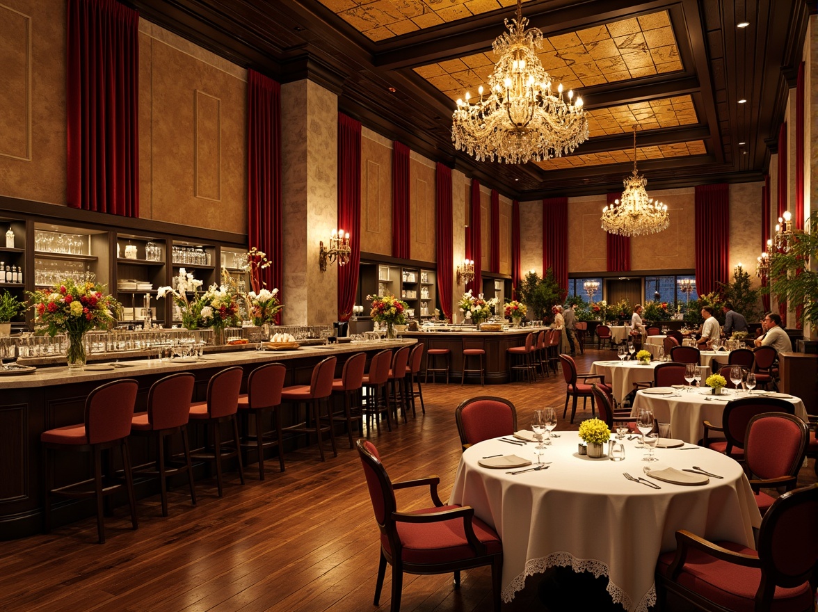 Prompt: Elegant dining hall, rich wooden flooring, luxurious velvet drapes, ornate chandeliers, rustic stone walls, refined marble countertops, warm golden lighting, soft ambient shadows, cozy plush furniture, vibrant floral arrangements, delicate lace tablecloths, fine china displays, sparkling crystal glasses, lavish silk fabrics, intricate metalwork details, ornamental ceiling patterns, 1/1 composition, shallow depth of field, warm natural colors.