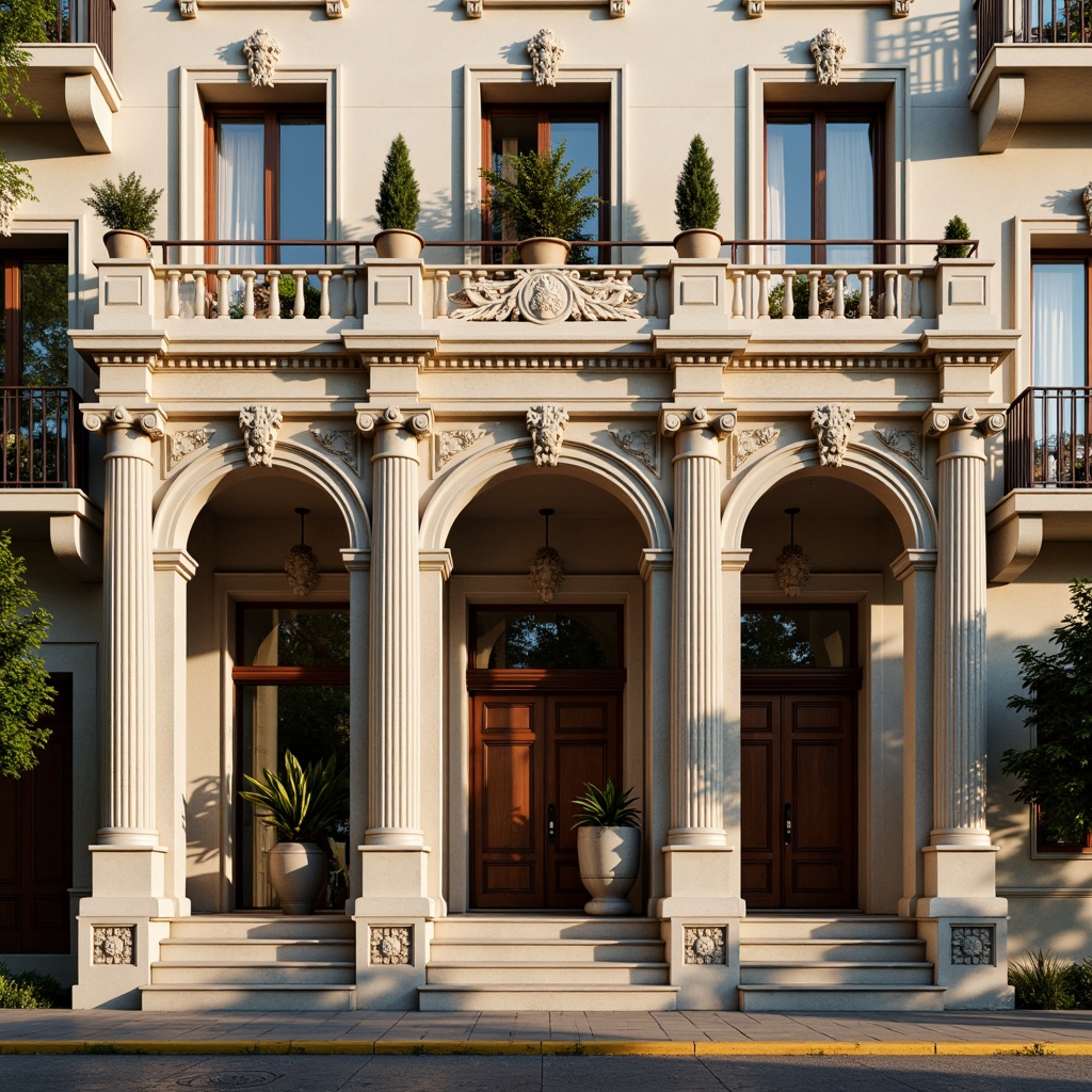 Prompt: Grandiose neoclassical facade, ornate columns, carved stone details, symmetrical composition, grand entrance, sweeping arches, intricate moldings, classical pediments, decorative pilasters, rusticated base, limestone walls, tall windows, ornate balconies, Juliet balconies, French doors, warm golden lighting, soft afternoon sun, shallow depth of field, 2/3 composition, realistic textures, ambient occlusion.