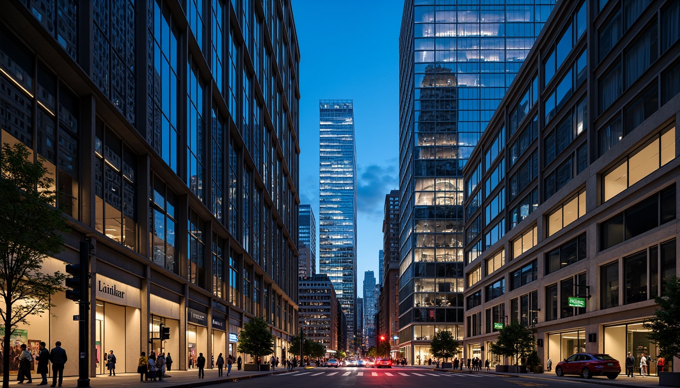 Prompt: Glassy skyscraper facades, sleek metallic frames, reflective windows, angular lines, minimalist design, modern urban landscape, bustling city streets, cosmopolitan atmosphere, vibrant neon lights, nighttime illumination, dramatic shading, high-contrast lighting, cinematic composition, 3/4 perspective, shallow depth of field, realistic textures, ambient occlusion.