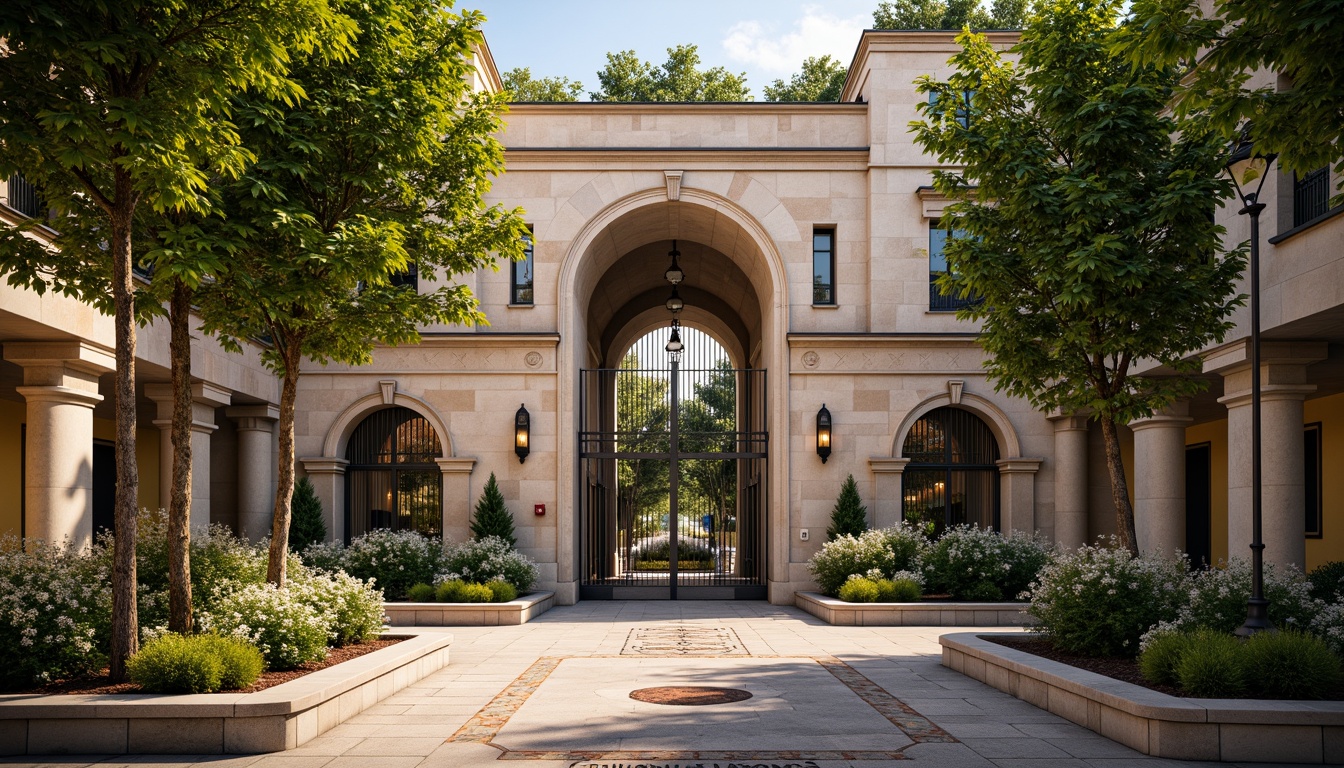 Prompt: Grandiose metro station entrance, rusticated stone fa\u00e7ade, arched windows, ornate ironwork gates, lush greenery, vibrant flowers, tranquil water features, intricate mosaics, classic Romanesque columns, elegant lamp posts, warm golden lighting, shallow depth of field, 1/2 composition, symmetrical balance, realistic textures, ambient occlusion.