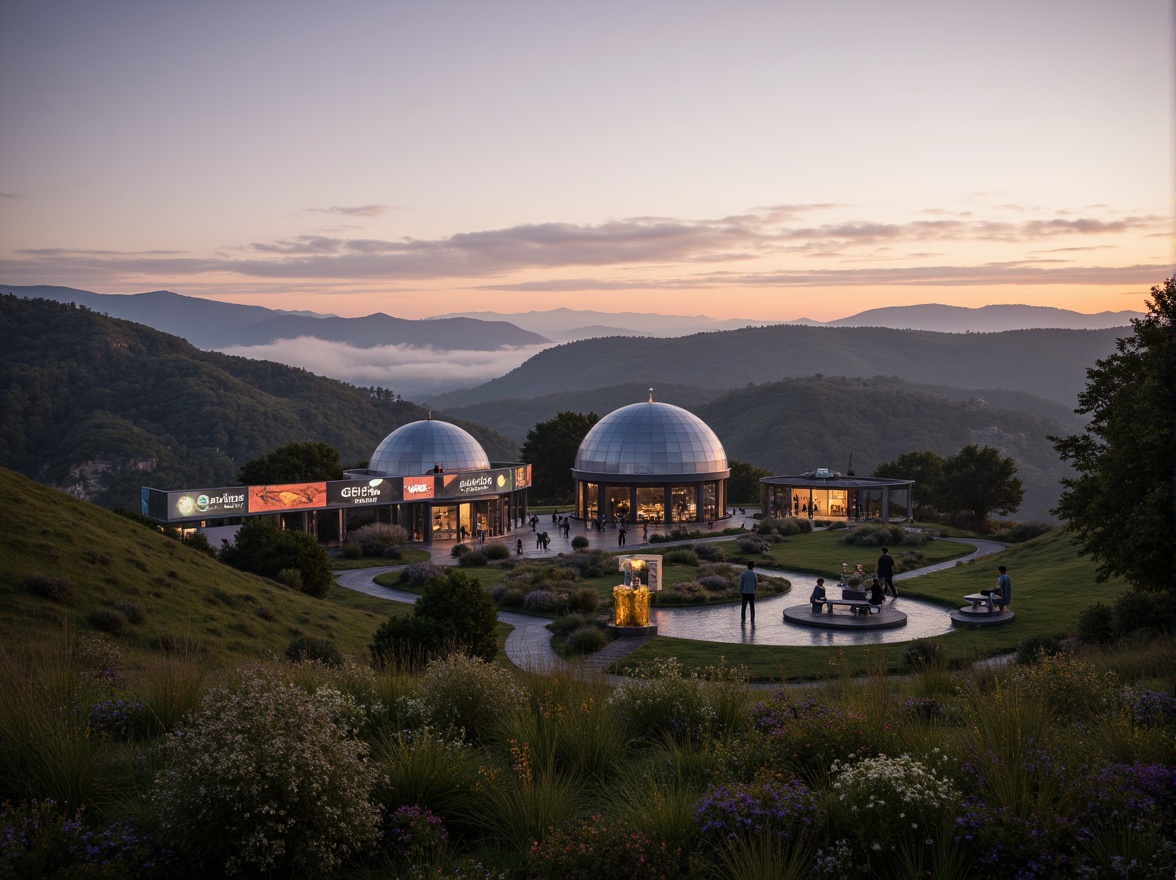 Prompt: Grassland planetarium, rolling hills, wildflowers, native grasses, meandering pathways, celestial-themed signage, star-gazing areas, telescopes, observatory architecture, dome-shaped buildings, futuristic design, LED light installations, stargazing benches, astronomy-inspired sculptures, misty evening atmosphere, warm sunset lighting, shallow depth of field, 1/2 composition, panoramic view, realistic textures, ambient occlusion.