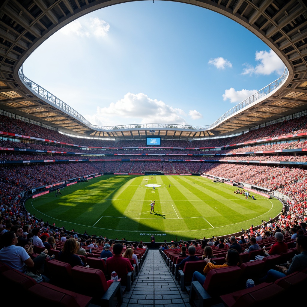 Prompt: Vibrant stadium atmosphere, bold team colors, dynamic LED lighting, sleek modern architecture, angular seating areas, lush green turf, energetic crowds, sunny day, soft warm glow, shallow depth of field, 3/4 composition, panoramic view, realistic textures, ambient occlusion.Please let me know if this meets your requirements or if you need further adjustments!