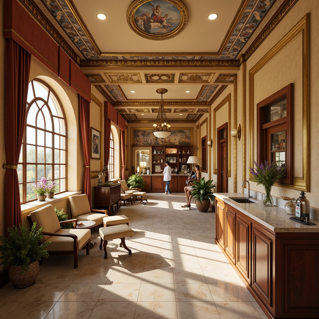 Prompt: \Richly ornamented dental clinic, warm beige walls, polished marble floors, ornate gold accents, luxurious velvet drapes, intricate wooden furnishings, soft warm lighting, subtle scents of lavender and vanilla, elegant archways, ornamental plaster ceilings, Renaissance-inspired frescoes, vintage dental equipment displays, comfortable plush armchairs, natural stone countertops, warm earthy tones, subtle shine on metal fixtures, 1/1 composition, soft focus, realistic textures.\