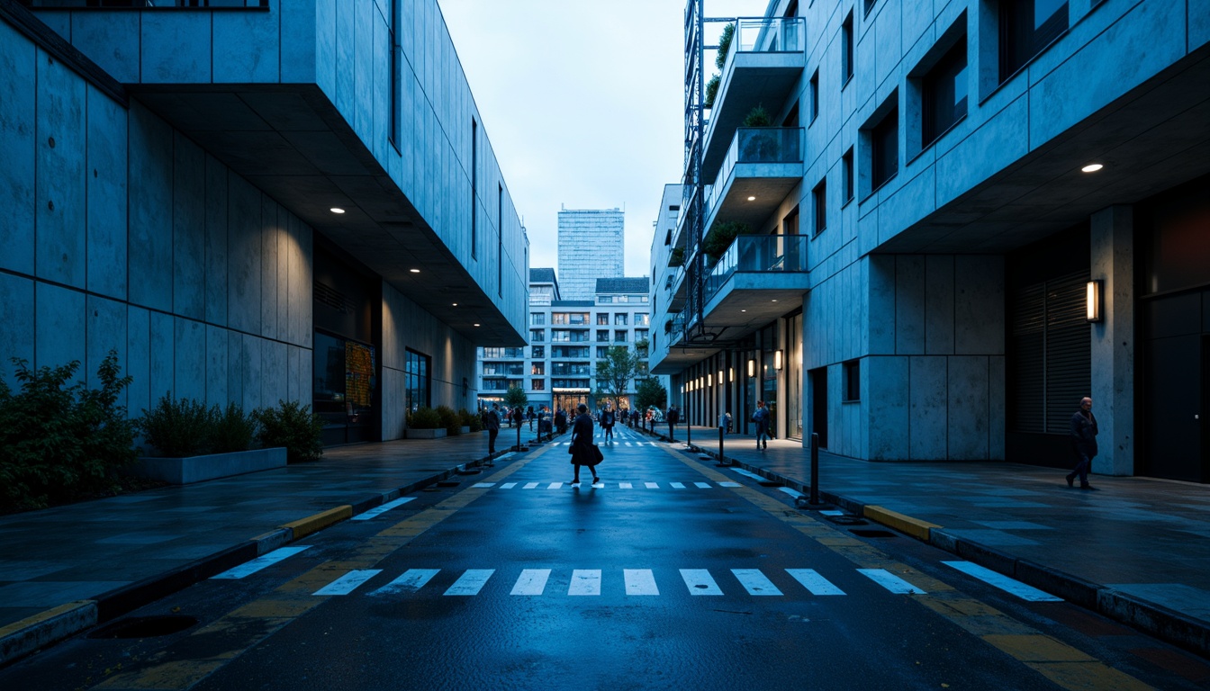 Prompt: Moody Prussian blue accents, industrial concrete walls, metallic steel beams, minimalist modern architecture, urban cityscape, overcast sky, dramatic shadows, high-contrast lighting, bold color blocking, abstract geometric patterns, brutalist design elements, raw unfinished textures, edgy contemporary style, cinematic atmosphere, wide-angle lens, low-depth of field, 2/3 composition.