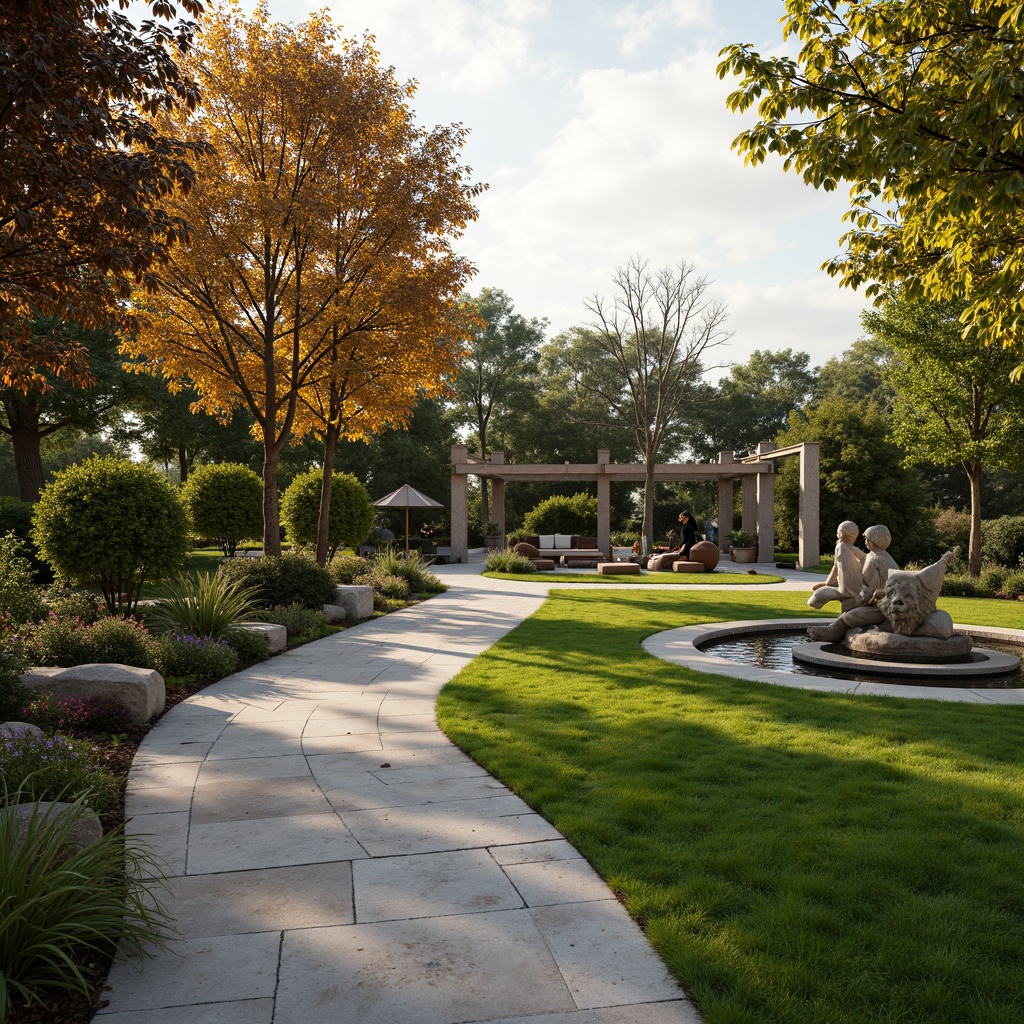 Prompt: Manicured lawn, ornamental trees, vibrant flowerbeds, natural stone pathways, decorative water features, modern sculptures, outdoor seating areas, pergolas with vines, rustic wooden benches, eclectic garden ornaments, asymmetrical composition, warm golden lighting, shallow depth of field, 1/2 composition, realistic textures, ambient occlusion.