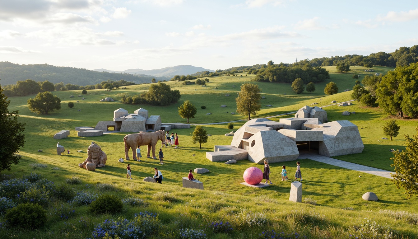 Prompt: Rolling hills, serene meadows, winding paths, abstract sculptures, constructivist buildings, geometric shapes, fragmented forms, industrial materials, brutalist textures, modern art pieces, eclectic landscape design, vibrant colorful accents, whimsical playground elements, dynamic lighting effects, 1/1 composition, shallow depth of field, panoramic view, realistic renderings, ambient occlusion.