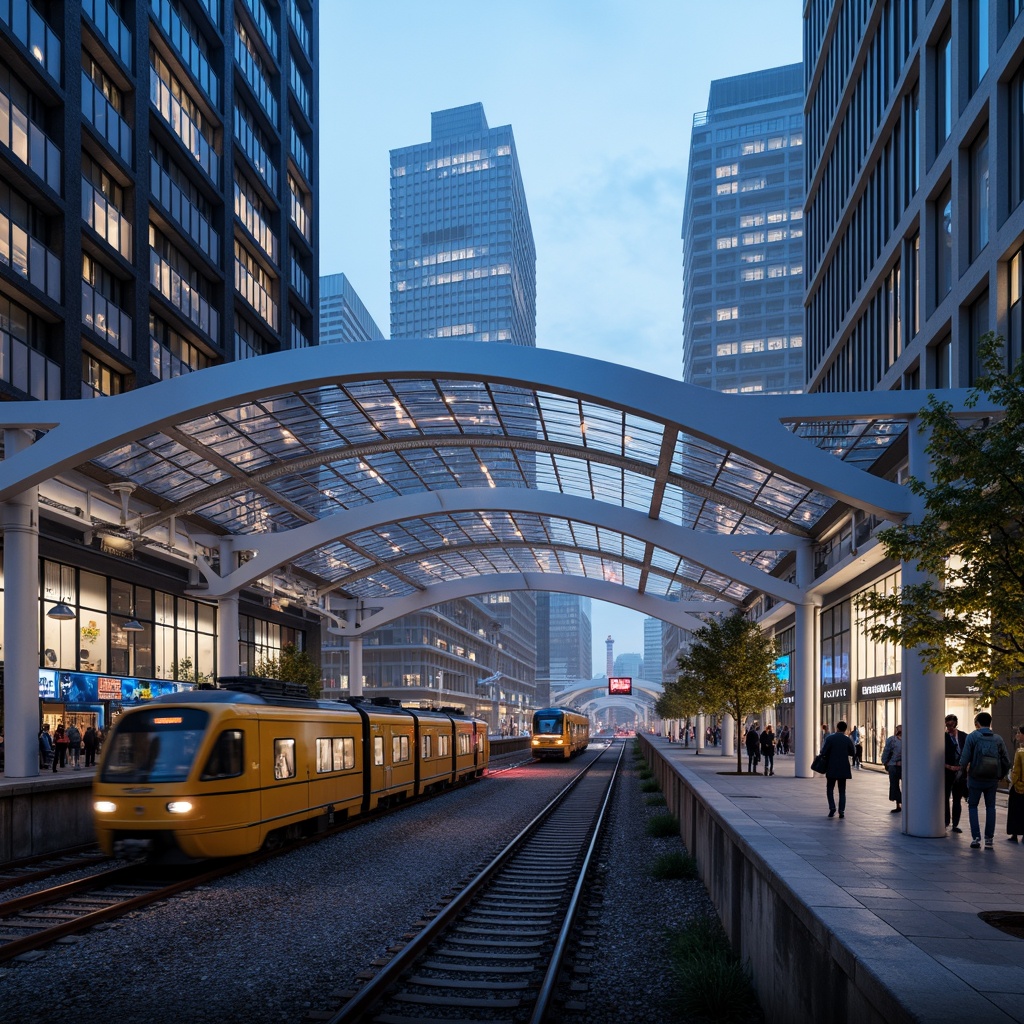 Prompt: Futuristic train station, dynamic curvaceous lines, gleaming metallic surfaces, LED light installations, transparent glass roofs, cantilevered canopies, sleek minimalistic architecture, modern urban infrastructure, bustling cityscape, vibrant neon lights, misty morning atmosphere, shallow depth of field, 3/4 composition, panoramic view, realistic reflections, ambient occlusion.