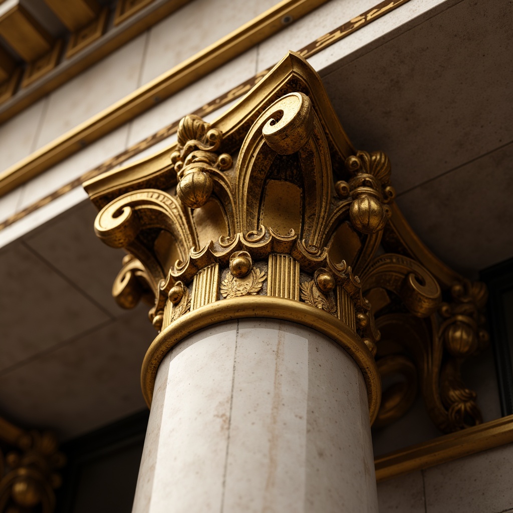 Prompt: Ornate column capital, intricately carved volutes, ornamental acanthus leaves, golden gilded details, marble or limestone material, grandiose architectural style, dramatic lighting effects, soft focus blur, shallow depth of field, 1/1 composition, symmetrical arrangement, richly textured surfaces, subtle warm color palette, lavish decorative elements, opulent Baroque inspiration.