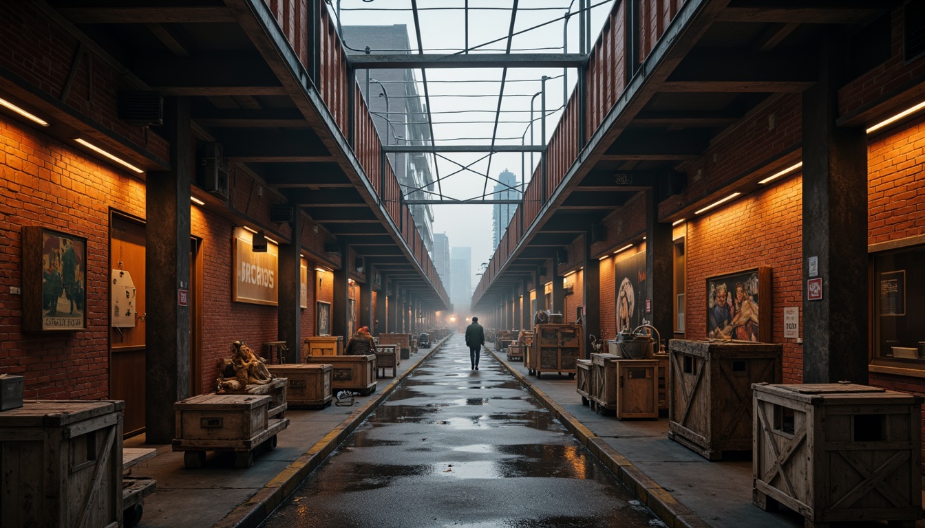 Prompt: Industrial warehouse, galvanized steel frames, fire brick walls, rusty metal accents, distressed wooden crates, dimly lit atmosphere, warm orange lighting, shallow depth of field, 1/1 composition, realistic textures, ambient occlusion, urban cityscape, busy streets, foggy morning, misty veil.