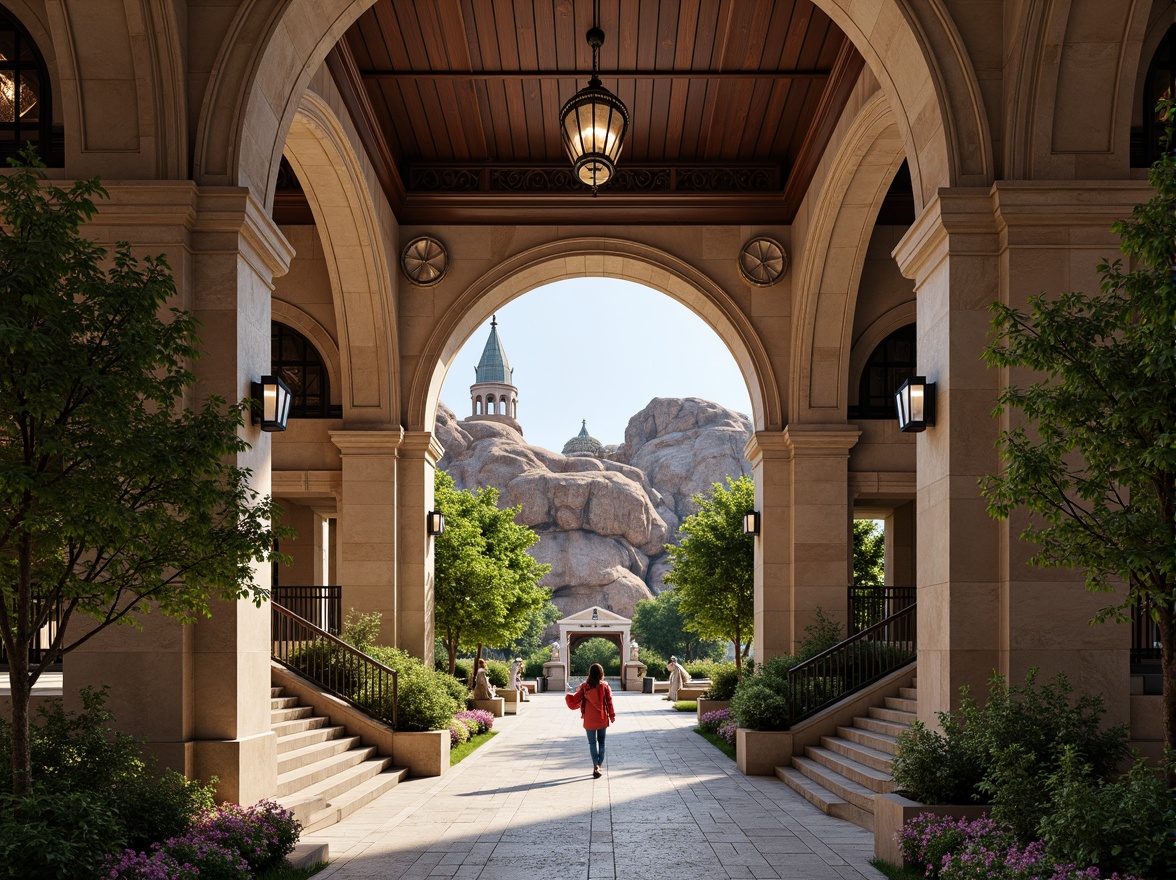 Prompt: Grand metro station entrance, Romanesque arches, ornate stone carvings, lush greenery, vibrant flowers, natural rock formations, rustic stone walls, antique lanterns, ornamental fountains, cobblestone pavement, curved staircases, grand chandeliers, high ceilings, intricate tile work, warm ambient lighting, shallow depth of field, 1/2 composition, symmetrical framing, realistic textures, ambient occlusion.