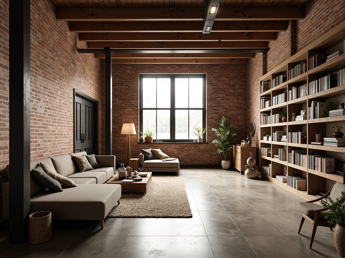 Prompt: Minimalist loft interior, open concept layout, exposed brick walls, wooden beam ceiling, industrial metal columns, polished concrete floors, eclectic vintage furniture, modern minimalist decor, cozy reading nooks, floor-to-ceiling bookshelves, natural light pouring in, soft warm glow, 1/1 composition, shallow depth of field, realistic textures, ambient occlusion.