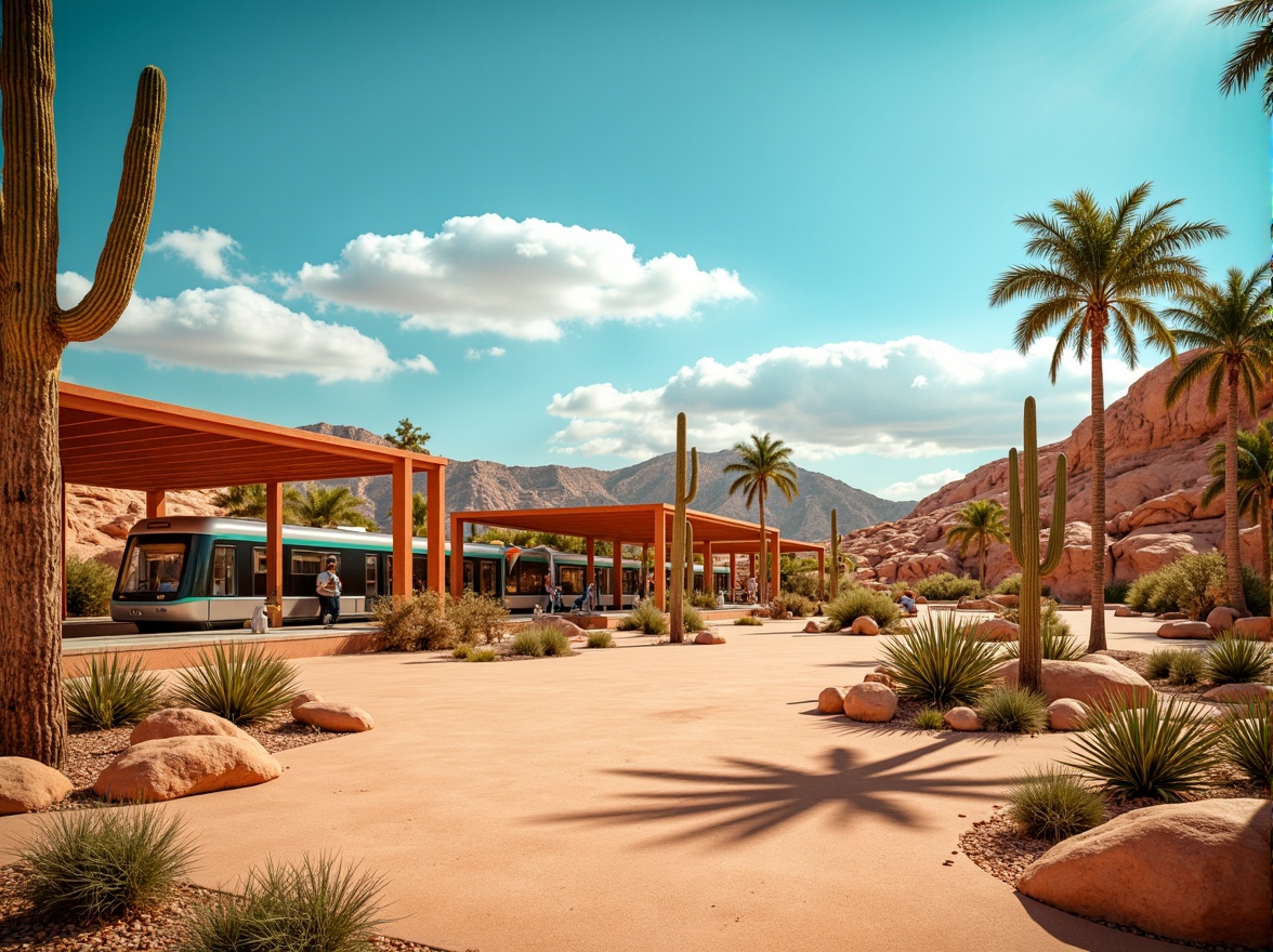 Prompt: \Vibrant metro station, desert landscape, sandy dunes, cactus plants, hot sunny day, clear blue sky, vast open space, modern architecture, earthy tones, terracotta reds, sienna oranges, turquoise blues, sandy beiges, warm golden lighting, shallow depth of field, 3/4 composition, panoramic view, realistic textures, ambient occlusion.\