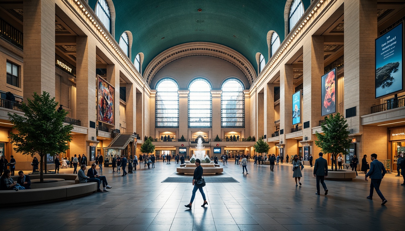 Prompt: Grand central train station, high ceilings, natural light pouring, spacious waiting areas, modern metallic structures, sleek glass roofs, vibrant urban art, bustling city atmosphere, busy pedestrian traffic, comfortable seating zones, ample luggage storage, automated ticketing systems, clear navigation signs, panoramic views of cityscape, shallow depth of field, 1/2 composition, realistic textures, ambient occlusion.