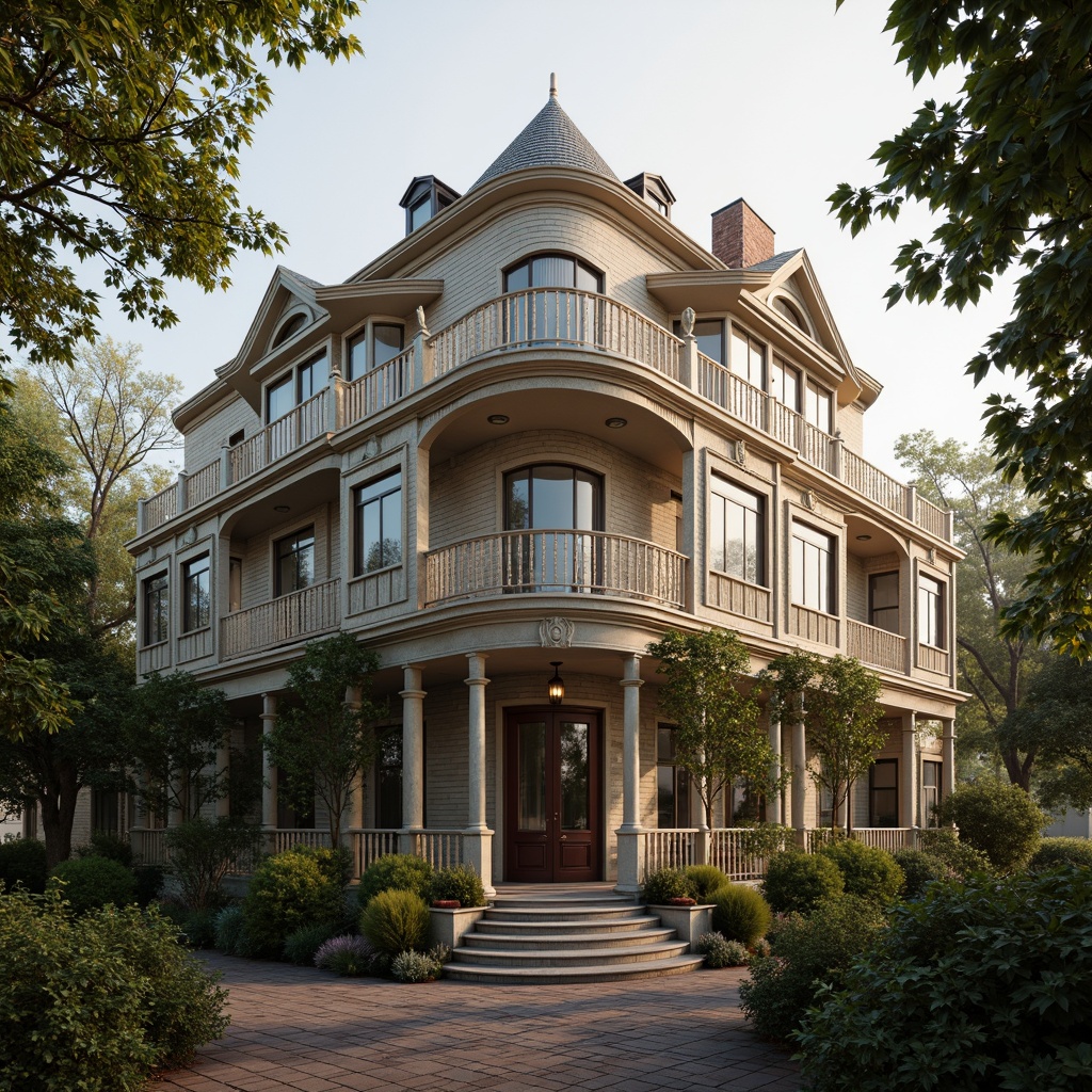 Prompt: Whimsical Victorian-era mansion, ornate facades, intricately carved stonework, grand entranceways, sweeping arches, delicate balconies, filigree metalwork, soft pastel hues, weathered brick textures, lush ivy vines, misty morning atmosphere, warm golden lighting, dramatic shadows, 1/2 composition, cinematic view, realistic rendering, subtle depth of field.