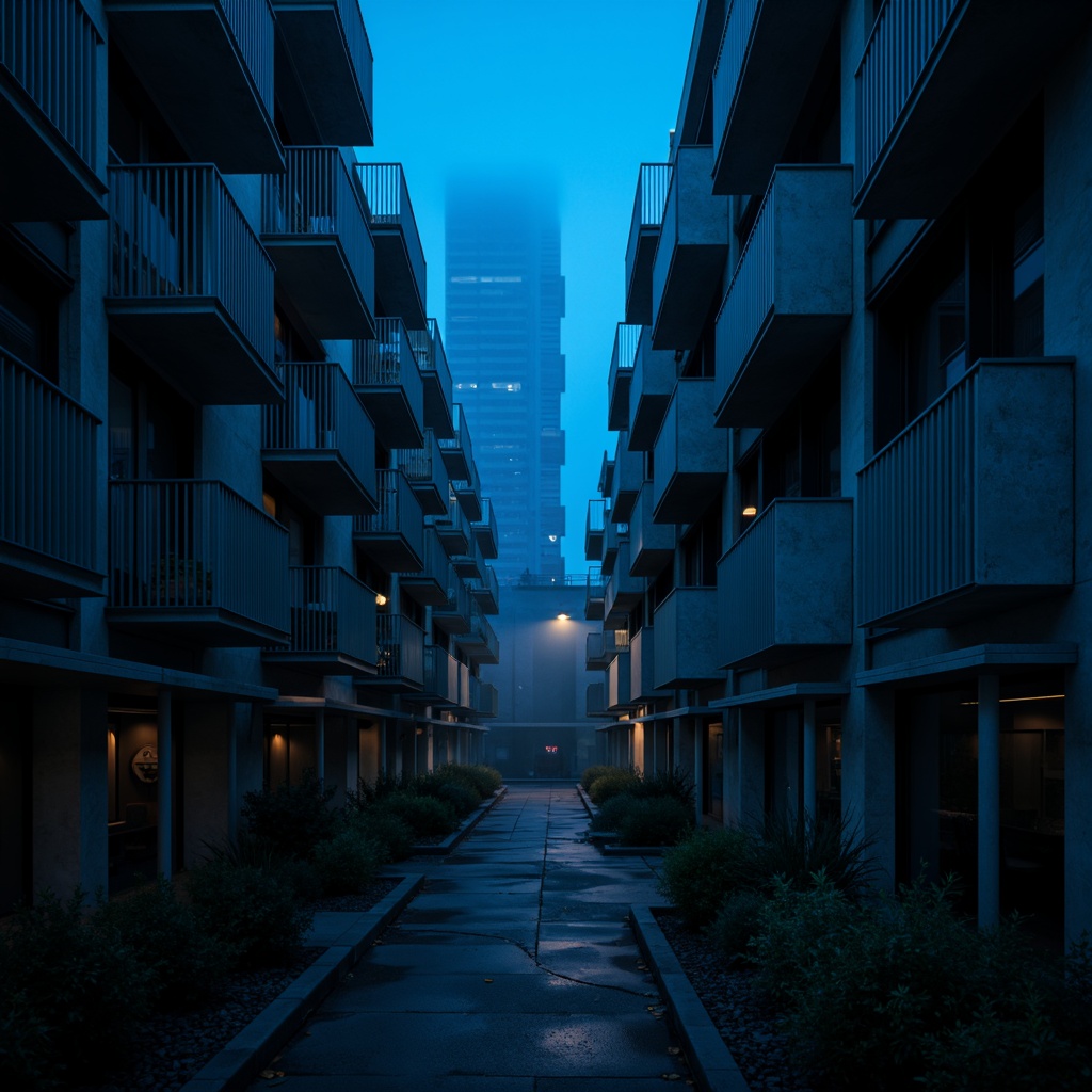 Prompt: Moody atmosphere, Prussian blue accents, modernist architecture, clean lines, geometric shapes, industrial materials, steel beams, concrete walls, urban cityscape, nighttime scene, dramatic lighting, deep shadows, 1/1 composition, high contrast, cinematic mood, atmospheric fog, mysterious ambiance.