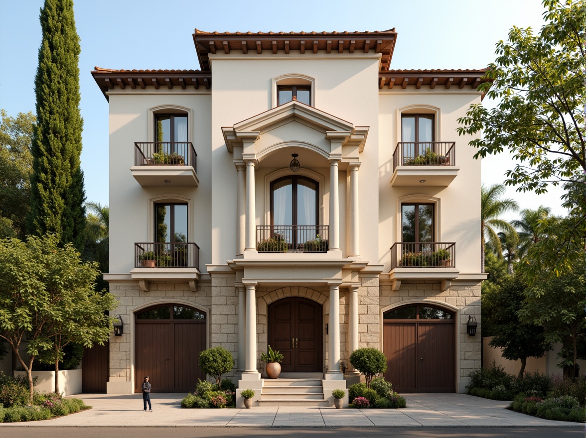 Prompt: Elegant residential facade, symmetrical composition, ornate columns, carved stonework, rusticated base, grand entrance, arched windows, Juliet balconies, classical pediments, richly decorated eaves, soft cream-colored stucco, warm beige stone walls, lush greenery, blooming flowerboxes, tranquil streetscape, morning sunlight, subtle warm lighting, shallow depth of field, 1/2 composition, realistic textures, ambient occlusion.