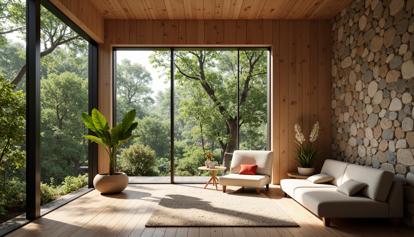 Prompt: \Modern minimalist interior, large windows, natural stone walls, wooden floors, greenery views, indirect sunlight, soft warm lighting, shallow depth of field, 3/4 composition, realistic textures, ambient occlusion, cozy reading nook, comfortable seating area, nature-inspired color palette, earthy tones, calming ambiance, peaceful atmosphere.\Let me know if you need any adjustments!