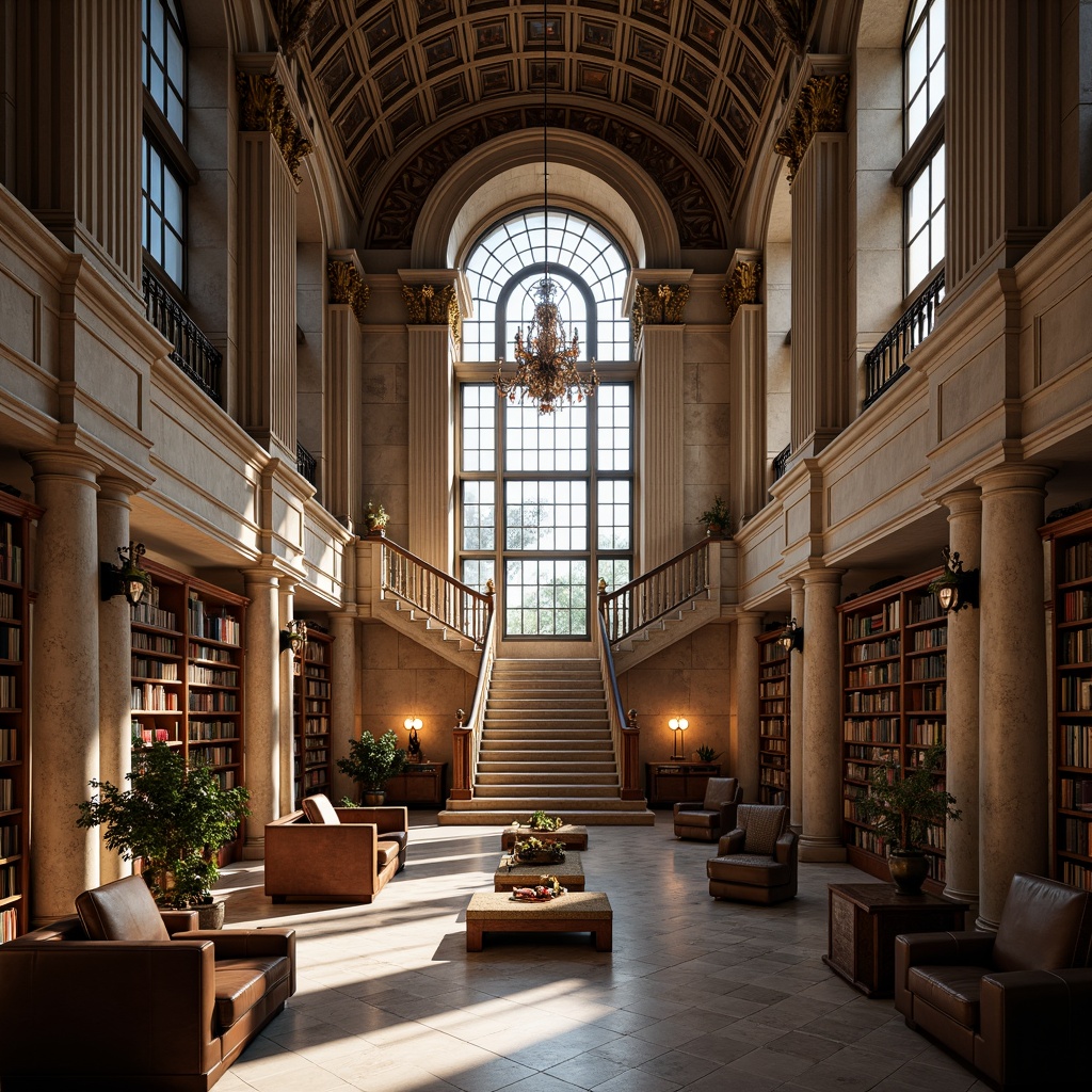 Prompt: Grandiose library facade, symmetrical composition, neoclassical architecture, marble columns, ornate details, high ceilings, grand staircases, elegant chandeliers, wooden bookshelves, leather-bound tomes, comfortable reading areas, natural light pouring in, soft warm glow, shallow depth of field, 1/1 composition, realistic textures, ambient occlusion, peaceful atmosphere, studious ambiance.