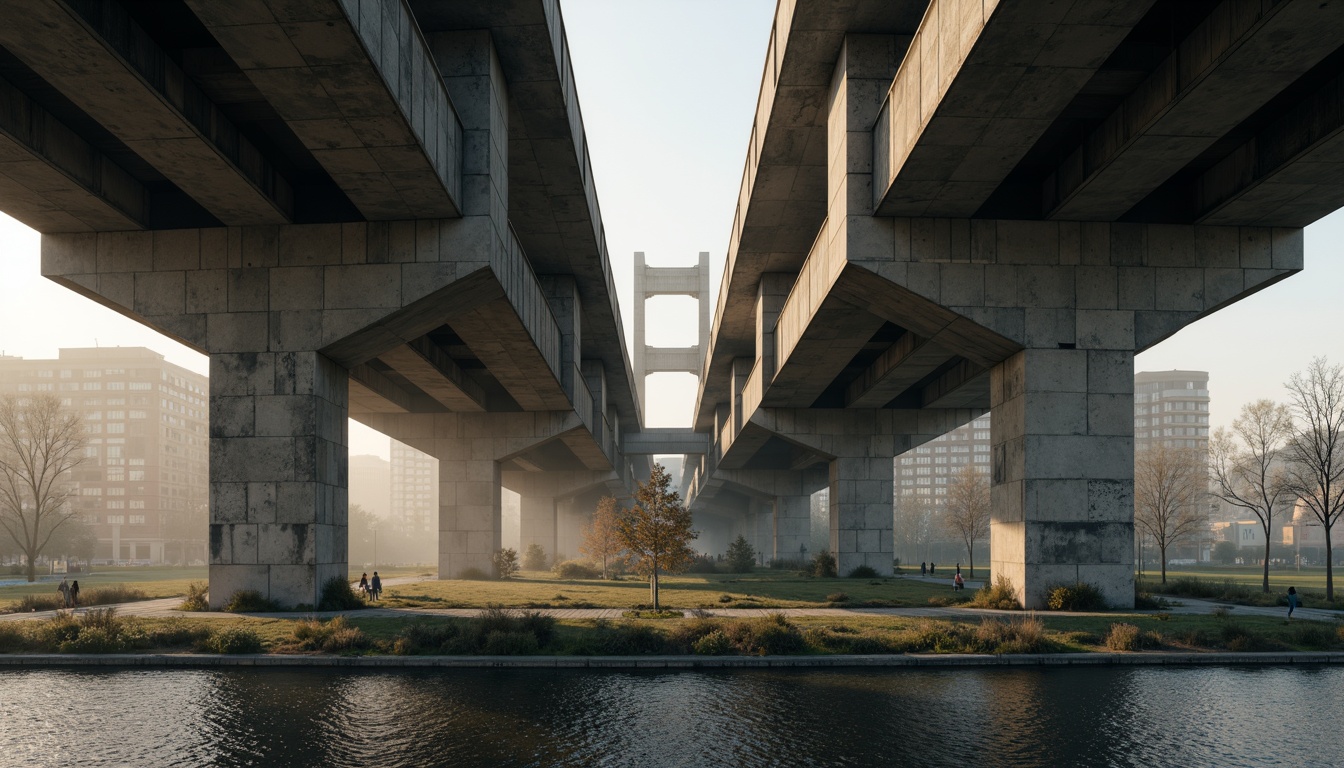 Prompt: Rugged bridge structure, brutalist architecture, raw concrete textures, exposed ductwork, industrial-style lighting, weathered steel beams, geometric forms, cantilevered sections, dramatic arches, urban cityscape, misty morning atmosphere, soft warm lighting, shallow depth of field, 2/3 composition, cinematic view, realistic reflections, ambient occlusion.