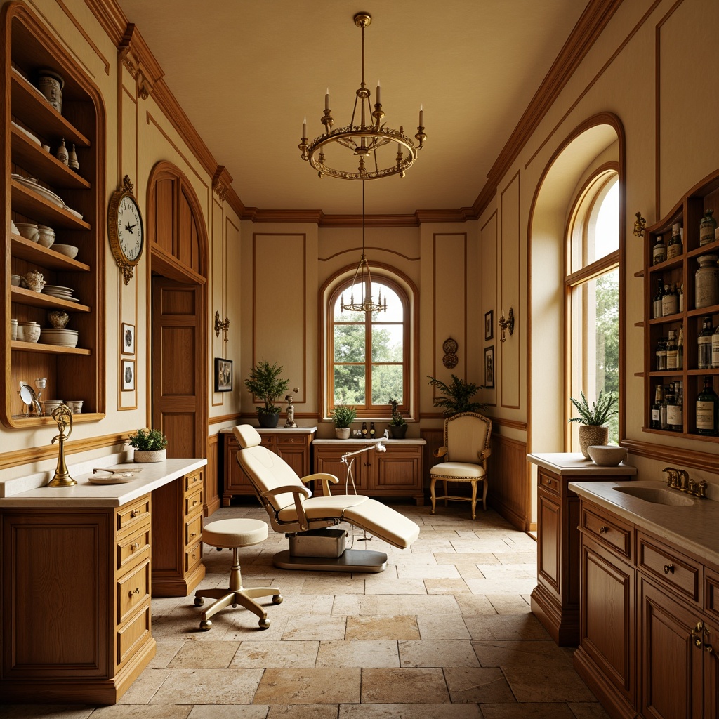 Prompt: Warm beige walls, rich wood accents, ornate gold fixtures, creamy marble countertops, soft velvety upholstery, elegant curves, intricate carvings, rustic stone floors, vintage apothecary cabinets, antique dental equipment displays, warm golden lighting, shallow depth of field, 1/1 composition, realistic textures, ambient occlusion.