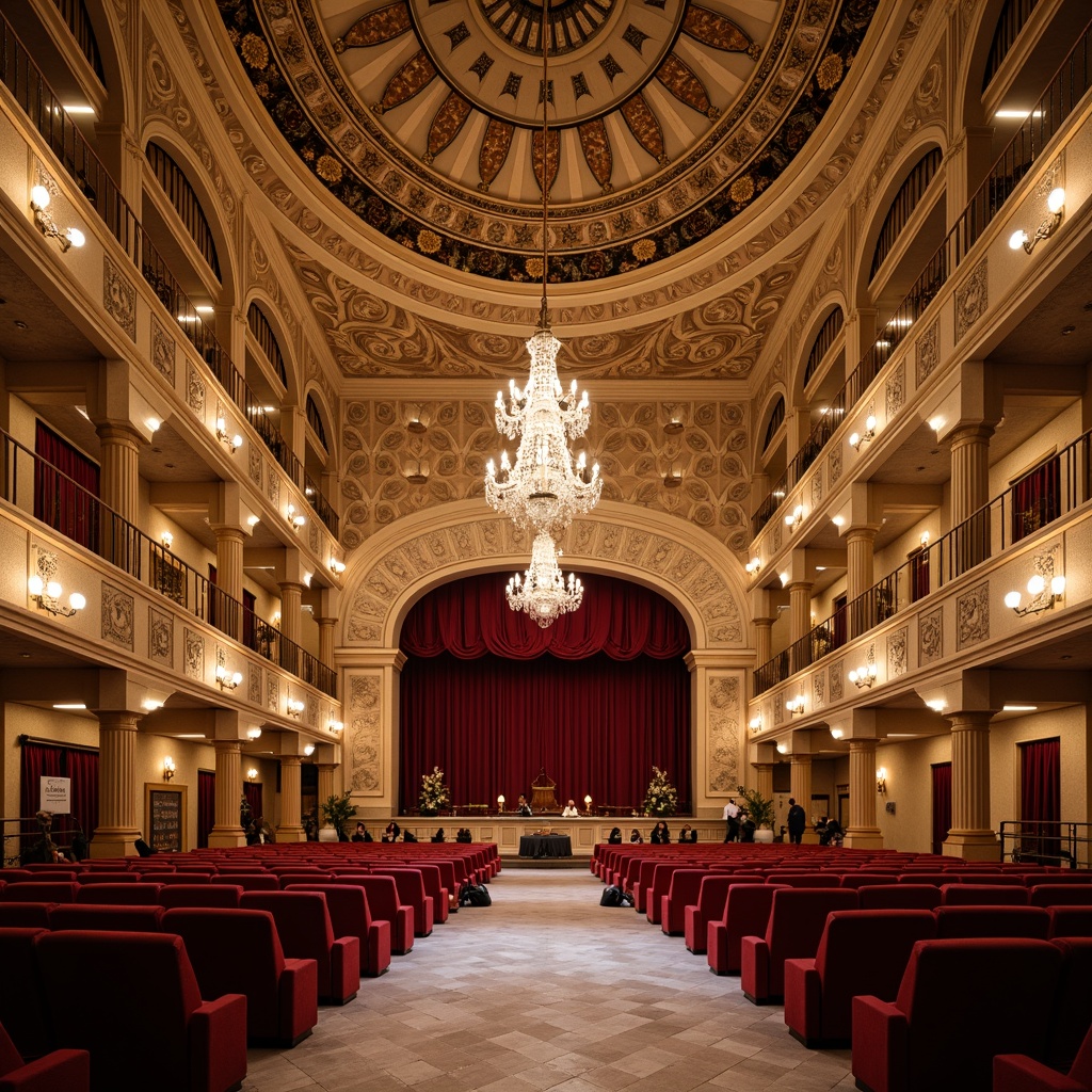 Prompt: Grand auditorium, ornate arches, rustic stone walls, vaulted ceilings, dramatic chandeliers, intricate mosaics, warm golden lighting, plush crimson seats, polished marble floors, majestic stage presence, elegant curved balconies, Romanesque columns, ornamental carvings, acoustic paneling, soft box seating, intimate performance setting, warm beige tones, subtle texture variations, atmospheric ambient Occlusion.