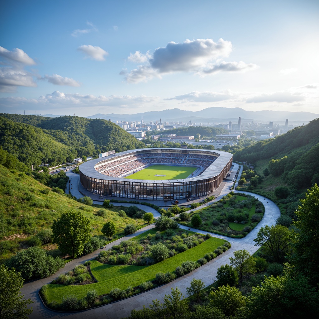 Prompt: Panoramic stadium landscape, lush green hills, winding pedestrian paths, integrated sports facilities, modern angular architecture, sleek metal structures, transparent glass facades, vibrant LED lighting, dynamic crowd movements, atmospheric fog effects, shallow depth of field, 3/4 composition, realistic textures, ambient occlusion, natural stone seating areas, urban cityscape backdrop, clear blue sky, sunny day, dramatic cloud formations.