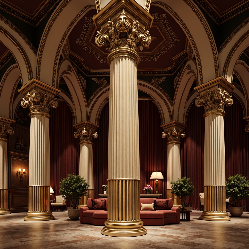 Prompt: Ornate column, golden accents, intricate carvings, curved lines, ornamental capitals, fluted shafts, grandiose architecture, luxurious materials, marble surfaces, velvet drapes, dramatic lighting, warm color palette, high ceilings, opulent furnishings, rich textiles, Baroque inspiration, lavish decorations, symmetrical composition, classic proportions, realistic details, subtle animations.