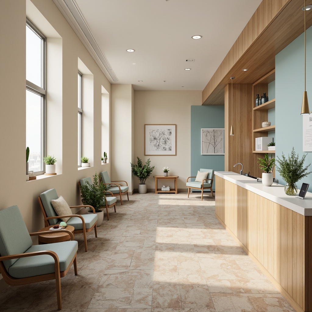 Prompt: Calming dental clinic interior, soft cream walls, warm beige floors, gentle blue accents, natural wood furniture, comfortable plush chairs, soothing green plants, modern medical equipment, sterile stainless steel surfaces, subtle patterned carpets, calming ambient lighting, shallow depth of field, 1/1 composition, realistic textures, ambient occlusion.