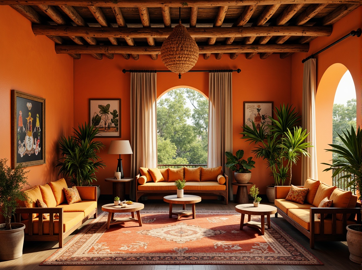 Prompt: Vibrant tangerine hues, warm golden lighting, rustic wooden accents, eclectic bohemian decor, lush greenery, exotic Moroccan patterns, intricate geometric motifs, colorful woven textiles, playful polka dots, whimsical illustrations, distressed vintage finishes, earthy natural materials, airy open spaces, joyful atmosphere, soft focus, shallow depth of field, 1/2 composition, realistic textures.