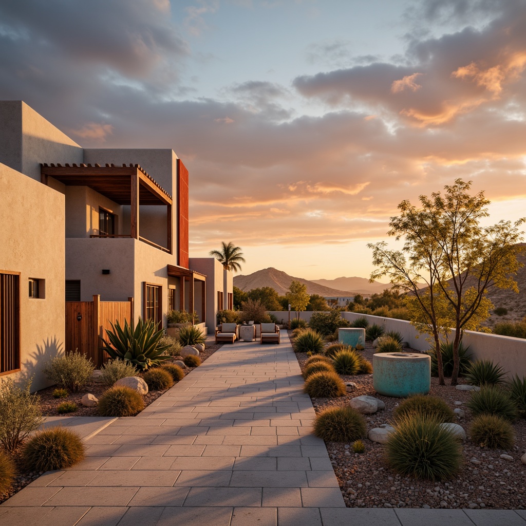 Prompt: Desert landscape, sandy dunes, cactus plants, warm beige buildings, earthy adobe walls, turquoise accents, rusty metal details, vibrant coral hues, soft sage greenery, creamy white stucco, weathered wood textures, dramatic sunset skies, warm golden lighting, shallow depth of field, 3/4 composition, panoramic view, realistic textures, ambient occlusion.