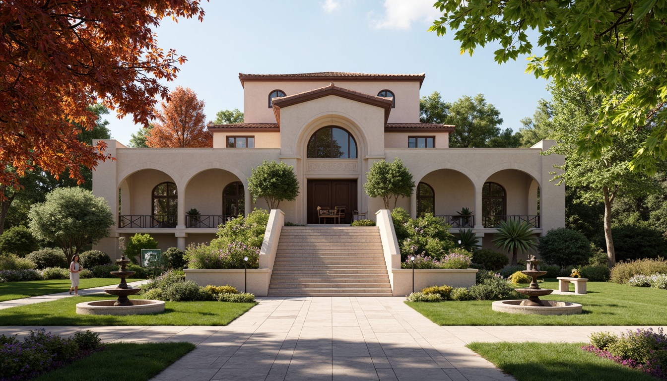 Prompt: Historic museum facade, Romanesque arches, ornate stone carvings, grand entrance stairs, manicured lawns, blooming flower beds, ornamental fountains, walking paths, natural stone pavements, mature trees, vibrant seasonal plants, warm sunny day, soft diffused lighting, shallow depth of field, 1/1 composition, realistic textures, ambient occlusion.