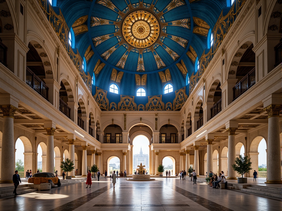 Prompt: Majestic Prussian blue domes, ornate golden accents, intricate Islamic patterns, lavish interior courtyards, grand archways, imposing columns, luxurious marble floors, regal staircases, opulent chandeliers, dramatic shadows, warm soft lighting, shallow depth of field, 1/2 composition, majestic vistas, highly detailed textures, ambient occlusion.