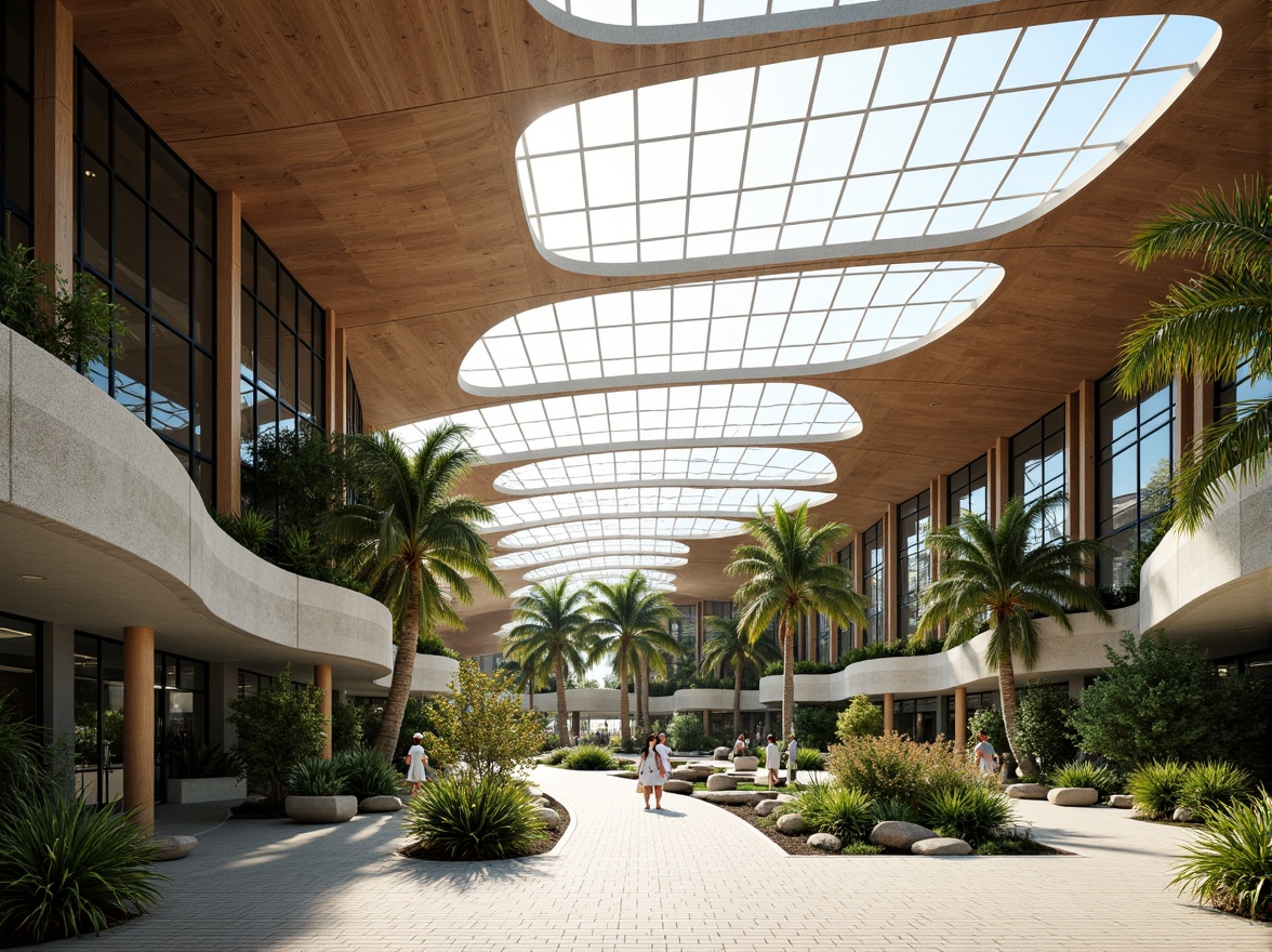 Prompt: Curved aerodynamic rooflines, undulating wooden panels, natural stone walls, lush green roofs, tropical plants, airy atriums, vaulted ceilings, minimalist steel columns, exposed ductwork, warm wood accents, soft diffused lighting, shallow depth of field, 1/1 composition, panoramic view, realistic textures, ambient occlusion, bustling airport activity, modern organic architecture, futuristic design elements, dynamic shapes, vibrant colors, intricate patterns.