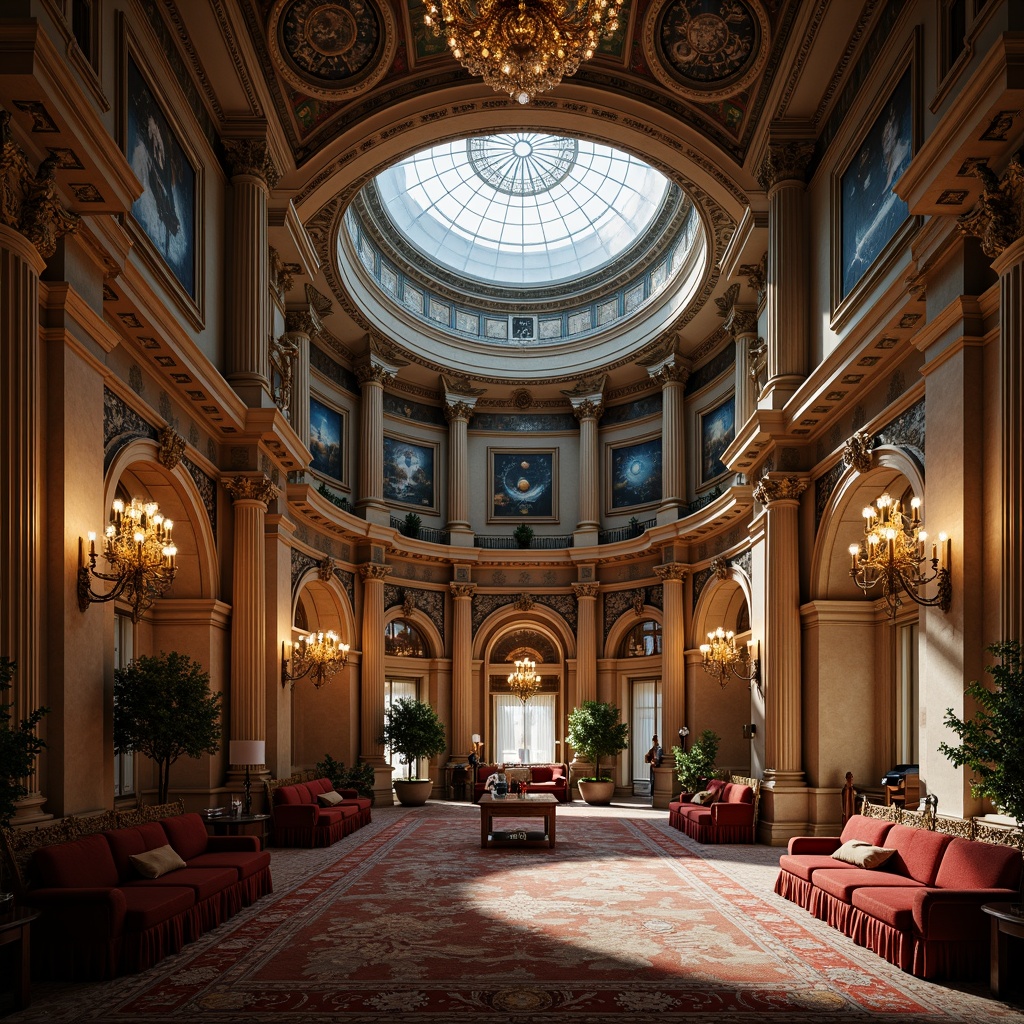 Prompt: Intricate planetarium, ornate detailing, Baroque architecture, grandiose chandeliers, lavish furnishings, rich velvet drapes, gilded accents, celestial-inspired frescoes, intricate stone carvings, ornamental moldings, majestic archways, opulent materials, soft golden lighting, dramatic shadows, 1/2 composition, atmospheric rendering, realistic reflections, ambient occlusion.