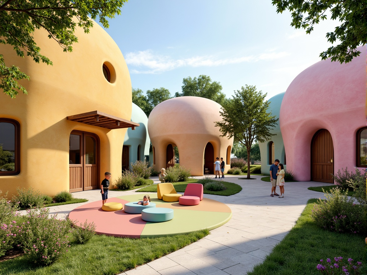 Prompt: Whimsical kindergarten, curvaceous blob-like buildings, vibrant pastel colors, irregular shapes, playful rounded edges, organic forms, nature-inspired design, lush greenery, blooming flowers, winding pathways, tactile play areas, soft cushy flooring, circular gathering spaces, cozy nooks, natural light filtering, warm color palette, textured walls, wooden accents, creative play structures, imagination-driven architecture, fantastical ambiance, shallow depth of field, 1/1 composition, realistic textures, ambient occlusion.