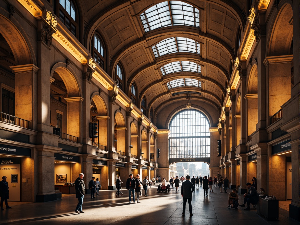 Prompt: Grand metro station, Romanesque archways, ornate stonework, vaulted ceilings, majestic columns, intricate carvings, warm golden lighting, bustling pedestrian traffic, modern urban infrastructure, sleek glass roofs, industrial steel beams, vibrant city life, rush hour atmosphere, shallow depth of field, 1/1 composition, realistic textures, ambient occlusion.