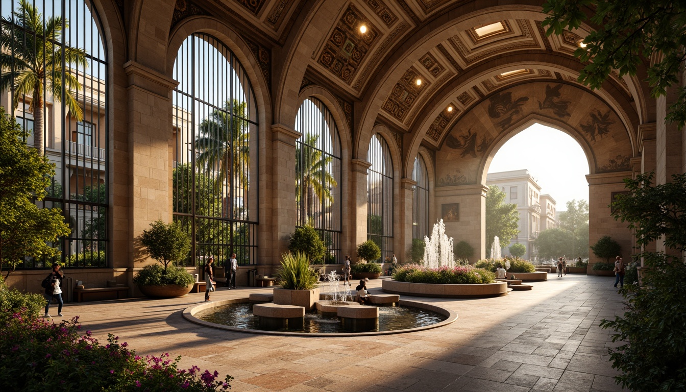 Prompt: Grand metro station, Romanesque architecture, ornate stone carvings, vaulted ceilings, arched windows, intricate mosaics, lush greenery, blooming flowers, elegant fountains, rustic stone pavement, decorative ironwork, warm golden lighting, shallow depth of field, 1/2 composition, symmetrical framing, rich textures, ambient occlusion.