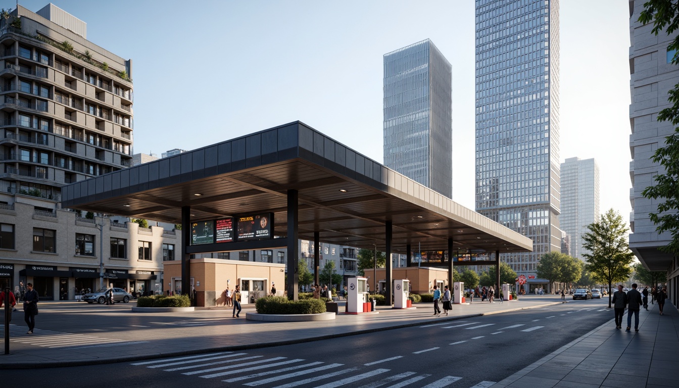 Prompt: Geometric gas station, clean lines, minimal ornamentation, functional design, industrial materials, steel structures, glass canopies, angular roofs, bold typography, neon signage, modern lighting fixtures, urban cityscape, busy street scene, morning sunlight, shallow depth of field, 1/1 composition, realistic textures, ambient occlusion.