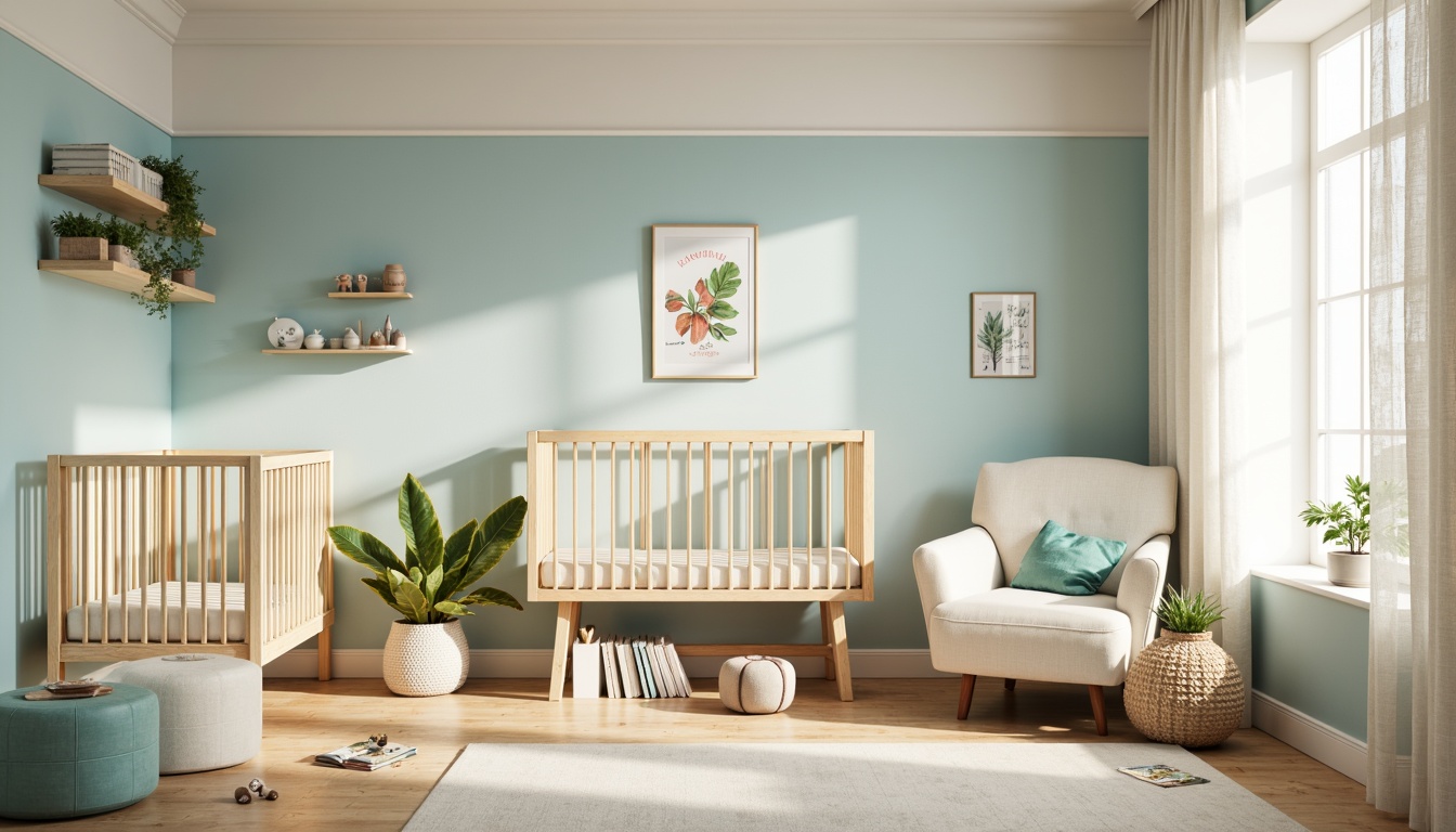 Prompt: Soft baby blue accents, gentle cream walls, warm beige floors, delicate lace curtains, vintage wooden cribs, plush toys, pastel color blocks, nursery rhyme decorations, natural light pouring in, sheer white drapes, cozy reading nooks, rounded furniture edges, calming atmosphere, 1/2 composition, soft focus effect, warm glowing lighting.