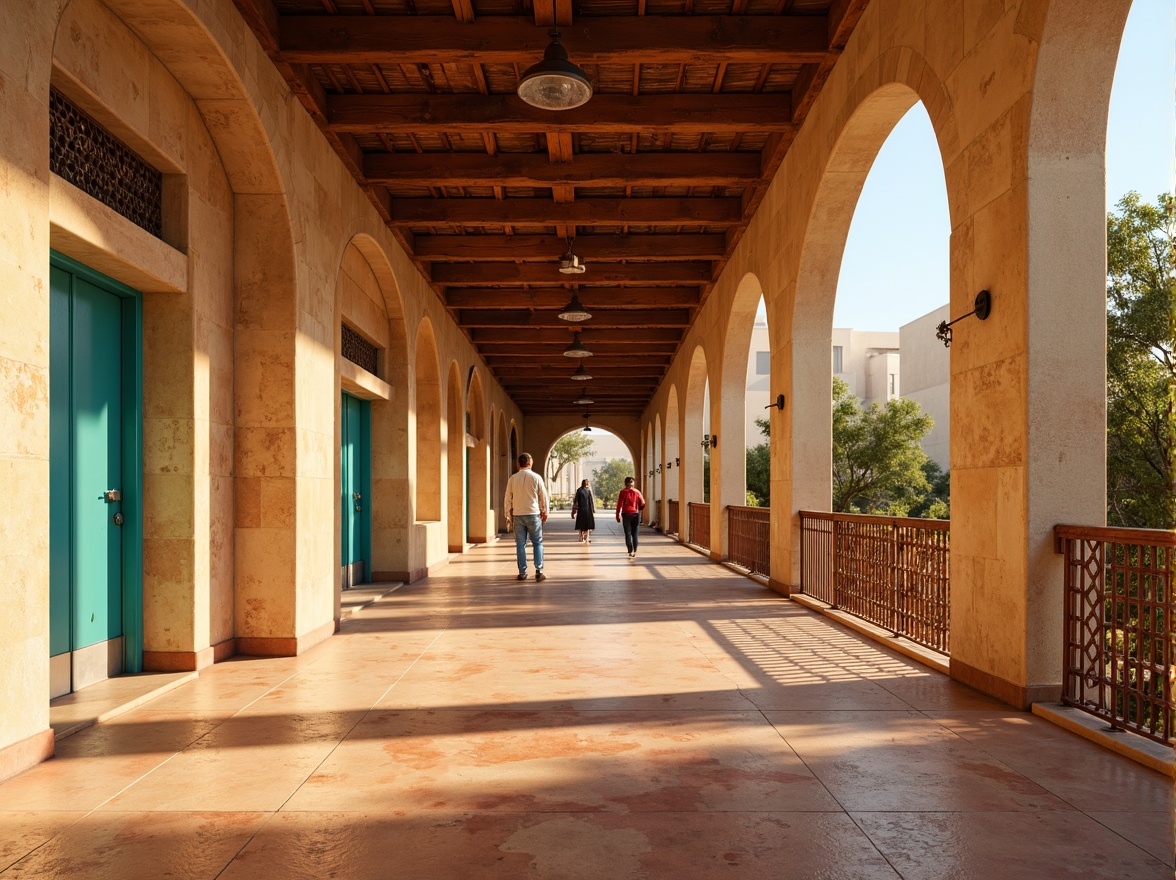 Prompt: Vibrant desert metro station, sandy beige walls, turquoise accents, warm terracotta floors, rusty metal railings, earthy brown columns, natural stone textures, geometric patterns inspired by Arabic architecture, warm golden lighting, shallow depth of field, 1/1 composition, realistic ambient occlusion.