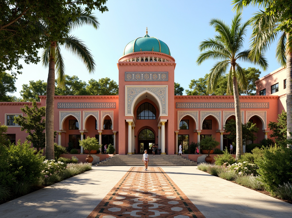 Prompt: Vibrant cultural center, eclectic facade, ornate decorations, intricately patterned tiles, grand entrance arches, ornamental columns, vibrant turquoise domes, golden accents, Islamic-inspired geometric patterns, colorful ceramic mosaics, lush greenery, tropical plants, warm sunny day, soft natural lighting, 1/1 composition, realistic textures, ambient occlusion.