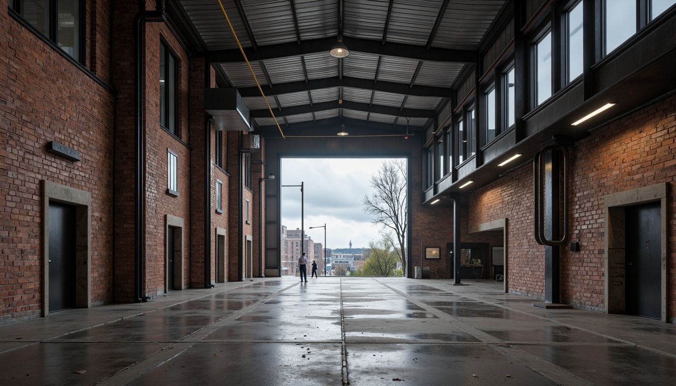 Prompt: Industrial warehouse, galvanized steel structure, fire brick exterior walls, rustic metal beams, exposed ductwork, polished concrete floors, industrial lighting fixtures, minimalist decor, urban cityscape, cloudy grey sky, dramatic backlighting, low angle composition, gritty realistic textures, atmospheric fog.