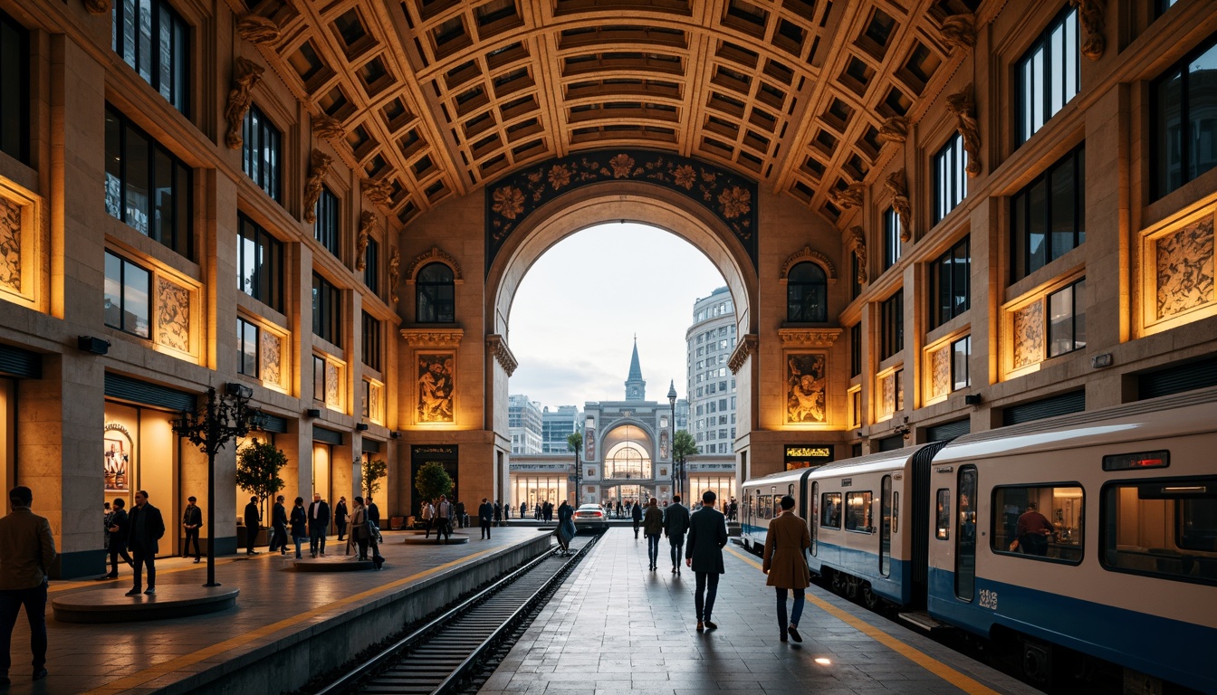 Prompt: Grand metro station, Romanesque archways, ornate stone carvings, high ceilings, majestic columns, intricate mosaics, warm ambient lighting, busy pedestrian traffic, modern transportation systems, sleek train designs, urban cityscape views, concrete structures, stainless steel railings, glass roofs, natural ventilation systems, 1/2 composition, dramatic shadows, realistic textures, subtle color grading.