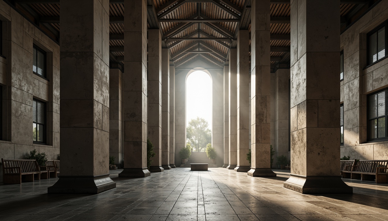 Prompt: Raw concrete textures, brutalist church architecture, imposing fortress-like structures, dramatic lighting effects, grandiose vaulted ceilings, robust columns, abstract geometric patterns, distressed stonework, rugged materiality, weathered steel beams, industrial aesthetic, minimalist ornamentation, atmospheric misting, diffused natural light, high contrast shadows, 1/1 composition, symmetrical framing, realistic renderings, ambient occlusion.