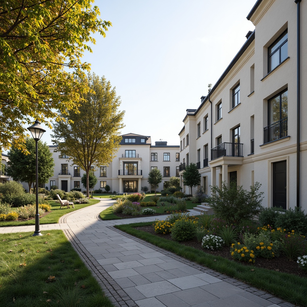 Prompt: Elegant social housing complex, classicist architecture, symmetrical facades, ornate cornices, neutral color palette, manicured lawns, blooming flower beds, meandering walkways, decorative lampposts, mature trees, tranquil atmosphere, soft afternoon lighting, shallow depth of field, 2/3 composition, serene ambiance, realistic textures, ambient occlusion.Please let me know if this meets your requirements!