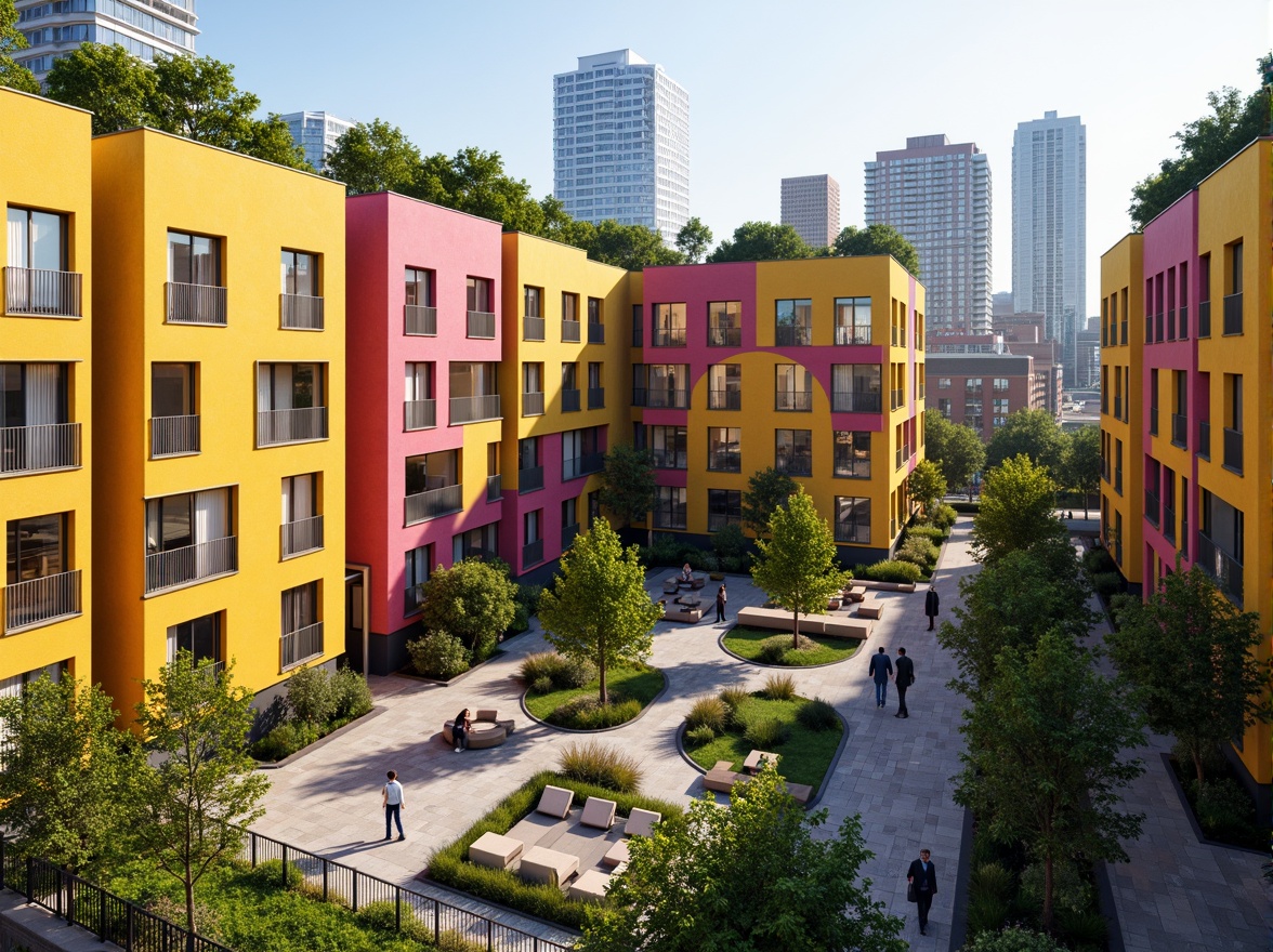 Prompt: Vibrant social housing complex, bold colorful fa\u00e7ades, dynamic geometric patterns, irregular shapes, cantilevered balconies, green roofs, vertical gardens, community outdoor spaces, playgrounds, seating areas, modern minimalistic architecture, large windows, sliding glass doors, natural ventilation systems, energy-efficient materials, sustainable building solutions, urban cityscape, sunny day, soft warm lighting, shallow depth of field, 3/4 composition, panoramic view, realistic textures, ambient occlusion.