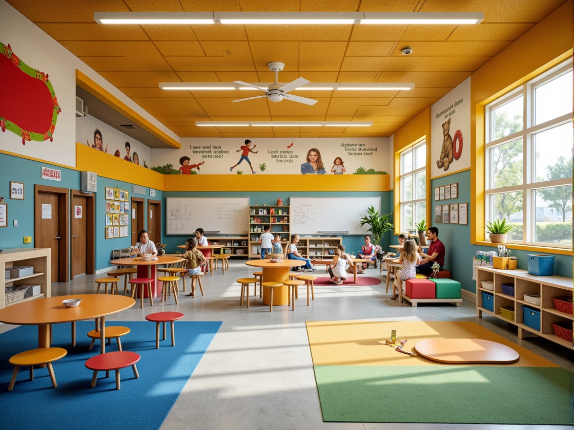 Prompt: Vibrant elementary school, playful color scheme, warm yellow walls, calming blue accents, stimulating red decorations, harmonious green surroundings, natural light-filled classrooms, educational murals, inspirational quotes, modern furniture design, ergonomic chairs, collaborative workspaces, interactive whiteboards, engaging display cases, colorful storage bins, whimsical ceiling fixtures, soft overhead lighting, gentle shading, shallow depth of field, 1/1 composition, realistic textures, ambient occlusion.