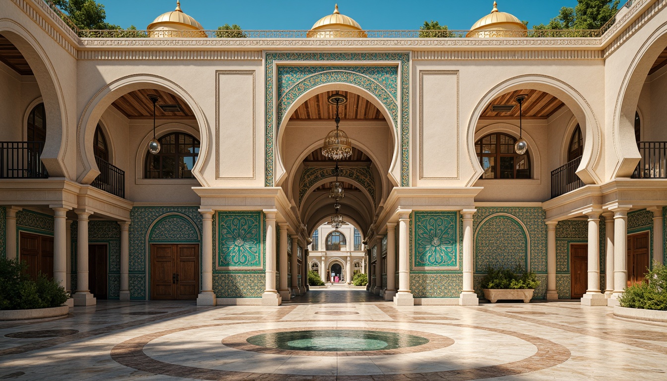 Prompt: Grand pavilion, Byzantine facade design, ornate arches, intricate mosaics, golden domes, vibrant turquoise accents, ornamental columns, patterned marble floors, richly textured stone walls, grand entrance gates, symmetrical composition, warm sunny lighting, shallow depth of field, 1/1 aspect ratio, realistic reflections, ambient occlusion.