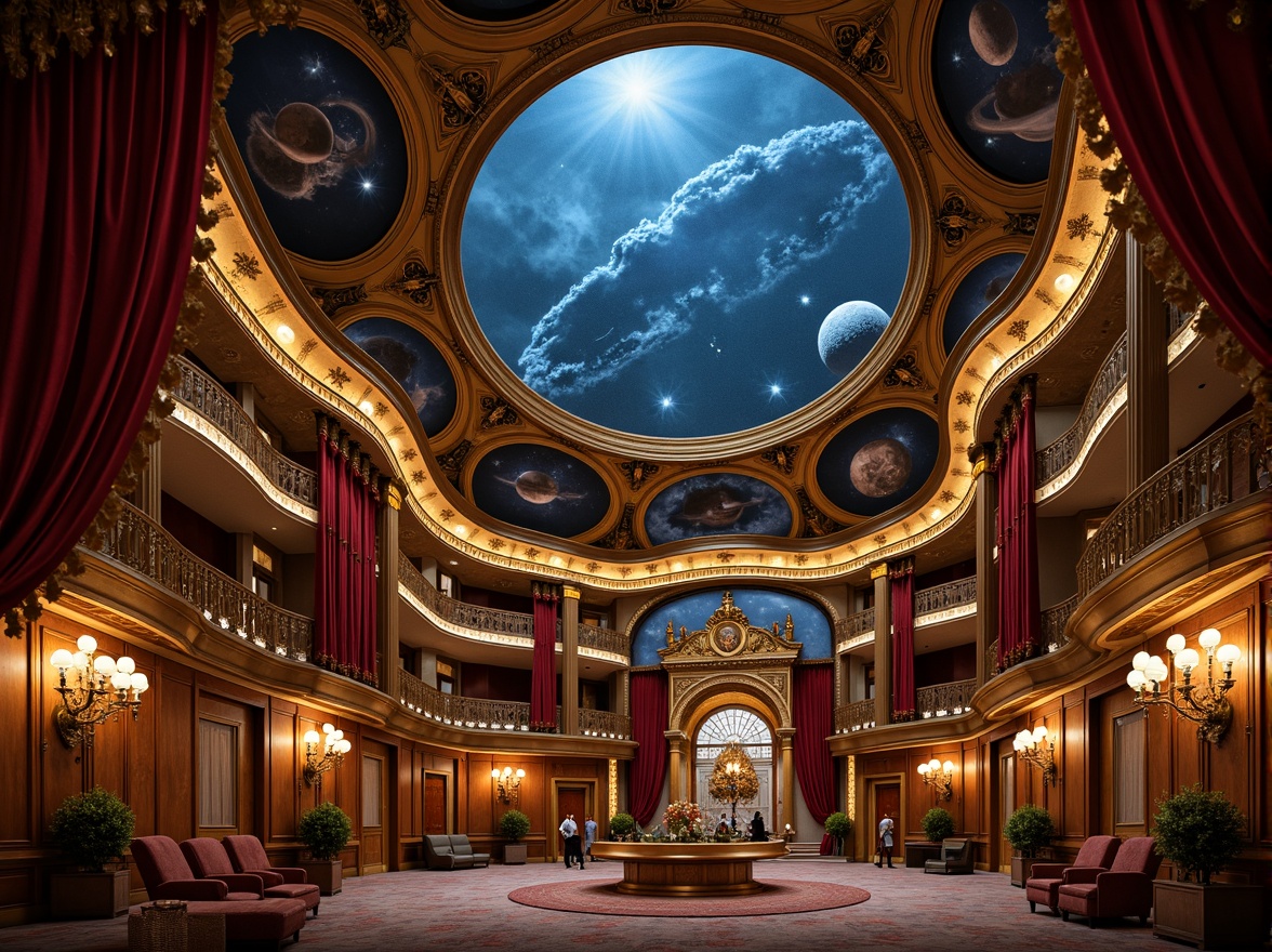 Prompt: Ornate planetarium, celestial bodies, starry night sky, golden lighting fixtures, crystal chandeliers, soft warm glow, luxurious velvet drapes, intricate carvings, ornamental mirrors, grandiose architecture, high ceilings, frescoed domes, regal thrones, lavish furnishings, rich wood paneling, subtle ambient occlusion, cinematic 3/4 composition, shallow depth of field, realistic textures, dramatic spotlights, warm color palette.